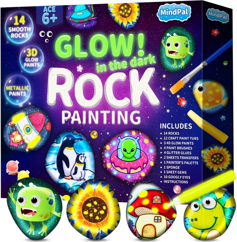 MindPal Kids Rock Painting Kit, 14 Pebbles for Painting - Glow in The Dark Rock Kit - Arts and Crafts for Kids Ages 6-12, Birthday Christmas Gift for Boys and Girls - Image 1